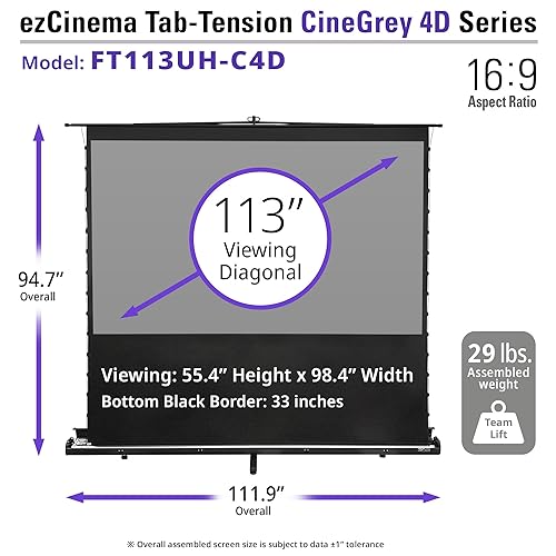 Elite Screens ezCinema Tab-Tension CineGrey 4D, 113 16:9, Manual Floor Pull Up Ceiling Ambient Light Rejecting, Portable Home Theater Office Classroom Projection Screen with Carrying Bag, FT113UH-C5D