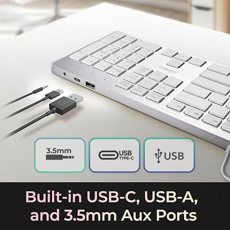 Adesso EasyTouch 730 - USB C Multi-OS Scissor Switch Keyboard with Copilot AI Hotkey, Type C Keyboard with Hub, Built-in USB-A/C Ports and 3.5mm Aux - Quiet, Slim Design AKB-730UW