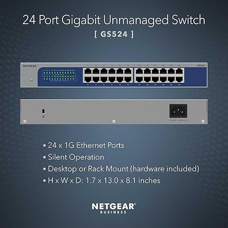 NETGEAR 24-Port Gigabit Ethernet Unmanaged Switch (GS524) – Desktop, Wall or Rack Mount, and Limited Lifetime Protection