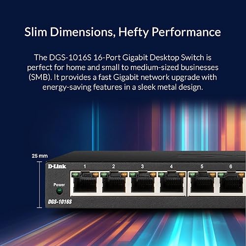 D-Link 16-Port Gigabit Ethernet Unmanaged Desktop Switch, SOHO, Fanless, Metal, Energy-Efficient Ethernet, QoS, Quiet Operation (DGS-1016S) Metal Switch 16-Port Gigabit Slim