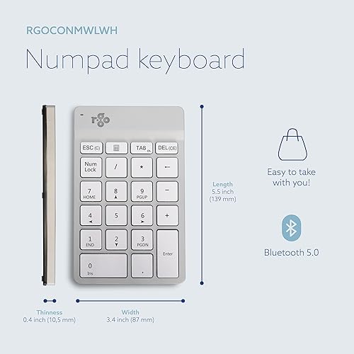 R-Go Number Pad Keyboard, Bluetooth Mini Numeric Keypad with LED Break Indicator, for Financial Accounting, Data Entry & Excel Spreadsheets, Rechargeble Wireless, White White Bluetooth