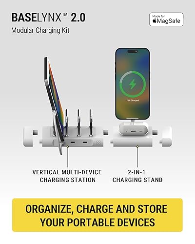 Scosche BaseLynx 2.0 Modular Charging Station with 15W MagSafe Wireless Charger Stand, 5W Charging Pad for AirPods Pro and 3 Port 60W USB-C Multi Device Fast Phone Charger Compatible with Apple iPhone Charging Pads & Multi Device Gen 2 White