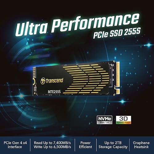 Transcend 1TB Gaming SSD with Heatsink, Up to 7,400MB/s, Compatible with PS5, Desktops, Laptops, M.2 2280 PCIe 4.0 NVMe Gen4x4 Internal Solid State Hard Drive, 3D TLC NAND, High-Speed Internal SSD
