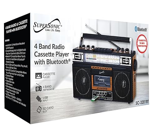 SuperSonic - Retro 4 Band Radio & Cassette Player with Bluetooth, Boomboxes - Wood Grain (SC-3201BT)