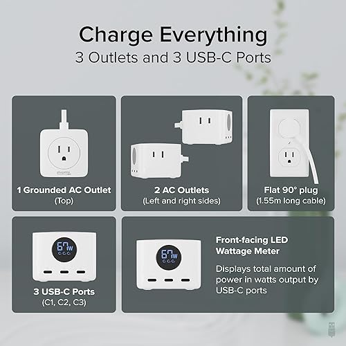 Plugable 67W USB C Power Strip, Charging Station Extension Cord with Multiple Outlets, Flat Wall Plug and Watt Meter, 3X USB-C, 3X AC Power Outlets for iPhone 16, Travel, Office, 5ft (PS3-METERC3)