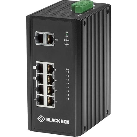 Black Box Industrial (8) 10/100/1000 PoE + (2) Gigabit Ethernet Switch - 10 Ports - 2 Layer Supported - Twisted Pair - Wall Mountable, DIN Rail Mountable, Panel-mountable - 1 Year Limited Warranty
