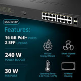 D-Link 16-Port Gigabit PoE+ Unmanaged Switch with 2 SFP Ports (DGS-1018P) – 240W Budget, 30W/Port, Plug-and-Play, Onboard Controls, QoS, Smart Fan, NDAA/TAA Standards