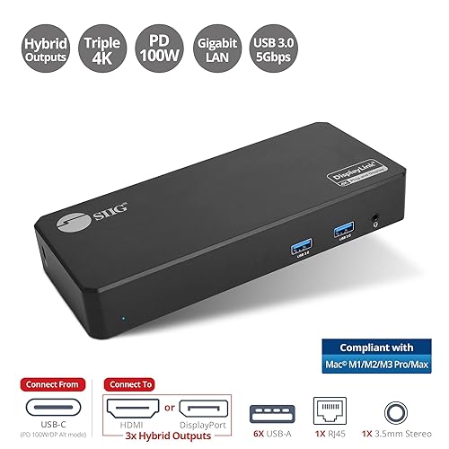 SIIG Triple 4K Video Docking Station with USB-C DP Alt Mode, Thunderbolt 3, DisplayLink Certified, Compatible with USB-A, USB-C, Supports 5K/4K/1080p Displays, Black