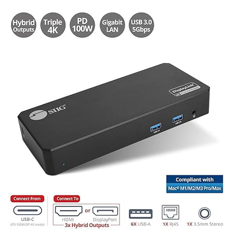 SIIG Triple 4K Video Docking Station with USB-C DP Alt Mode, Thunderbolt 3, DisplayLink Certified, Compatible with USB-A, USB-C, Supports 5K/4K/1080p Displays, Black