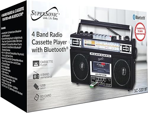 Supersonic Retro 4 Band Radio & Cassette Player with Bluetooth, Boomboxes - Black (SC-3201BTBLACK)