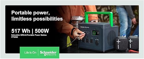 Schneider OffGrid Portable Power Station 500, 517Wh Portable Solar Generator for Camping or Home, PPS500, Wireless phone charger, solar generator options