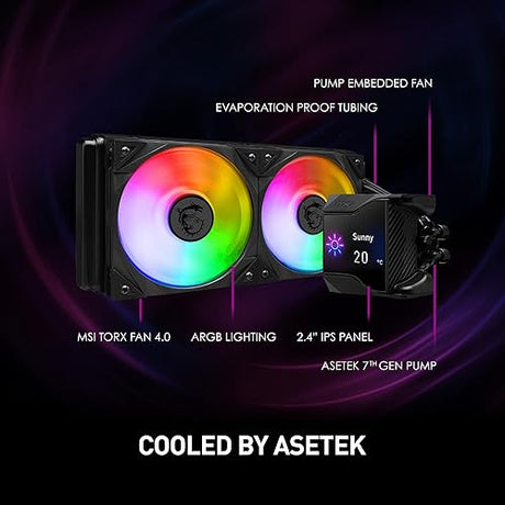 MSI MPG CORELIQUID D240 ARGB CPU Liquid Cooler - 2.4 IPS LCD Screen - 240mm Radiator - Double 120mm RGB PWN Fans.