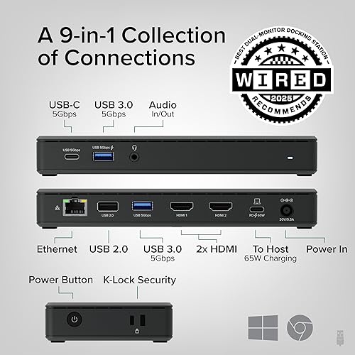 Plugable USB-C Docking Station Dual 4K 60Hz HDMI, 65W Charging, Gigabit Ethernet, 1x USB-C 5Gbps, 3X USB-A, Audio, Windows/ChromeOS, USB-C/USB4/Thunderbolt, Driverless (UD-MSTH2)