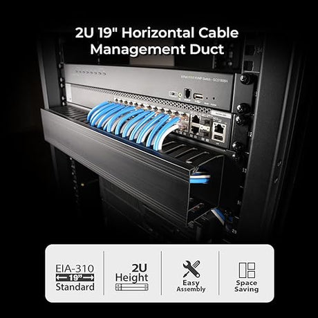 IOGEAR 2U 19 Horizontal Cable Management Duct with Cover and Mounting Screws, Slotted Finger Duct Wire Organizer for Server/Network/Equipment Rack and Cabinets GROHD2U