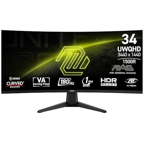MSI MAG 346CQ 34-inch 3440 x 1440 (UWQHD) Gaming Monitor, 180Hz, Adaptive-Synch, HDMI, DisplayPort, VESA Mountable, Tilt, Height Adjustable, Speaker, 1ms, Black