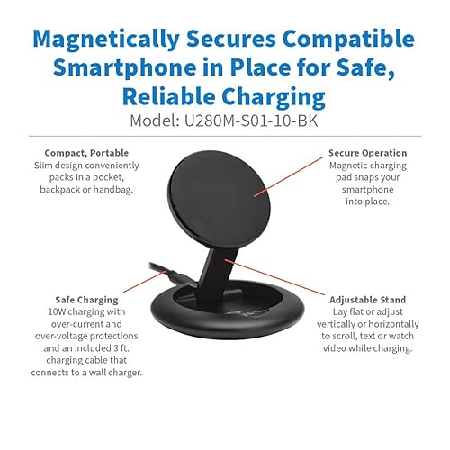 Eaton Tripp Lite Series Wireless Charger Stand, 10W Magnetic Charging Stand, QI-Enabled Phone Compatible for iPhone & Android, Adjustable Stand, 3ft Cable, Black, 1-Year Warranty (U280M-S01-10-BK) Charging Stand Black