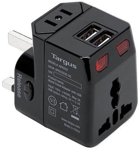 Targus World Travel Power Adapter with Dual USB Charging Ports for Laptop, Phone, Tablet, or Other Mobile Device (APK032US)