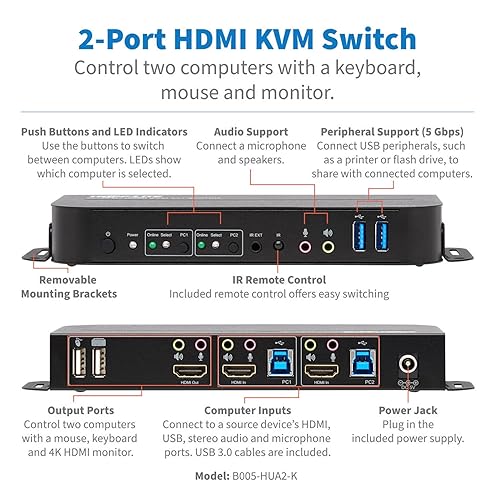 Tripp Lite 2 Port HDMI USB KVM Switch, Dual Port HDMI USB KVM Switch, 4K 60 Hz, HDR, HDCP 2.2, USB 3.0 Cables, Black (B005-HUA2-K)