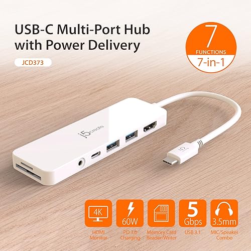 j5create USB-C Mini Hub - 4K HDMI, 2 x USB 3.1 5Gbps, microSD & SD Card Reader, 3.5mm Audio Jack, 60W PD Pass-Through Charging (JCD373)