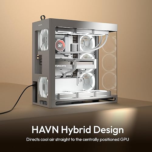 HAVN HS 420 Dual-Chamber Mid Tower PC Case ATX White | Hybrid Design, 11x 140mm Fan Slots & 3X 420mm Radiator Support, SimpliCable Cable Management, Tempered Glass, PWM Fan Hub White HS 420