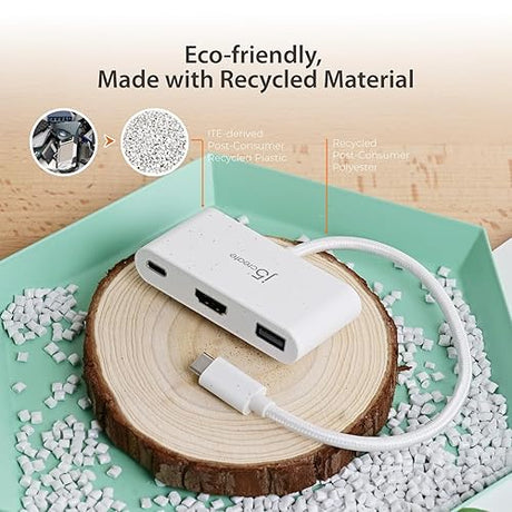 j5create USB-C to HDMI & USB Type-A with Power Delivery(Eco-Friendly) with 4K HDMI, USB-A 5Gbps, PD 100W Charging | Compatible with MacBook Pro,Chromebook,HP, Samsung and more Type-C Devices(JCA379EW) Natural White