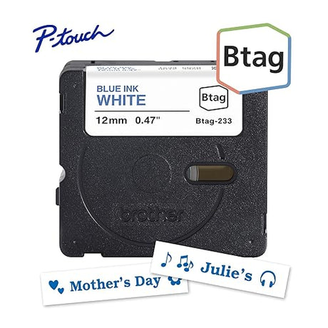 Brother Genuine BTAG233 Non-Laminated Tape for P-Touch Label Makers, Blue on White – 12 mm Wide x 4 m Long