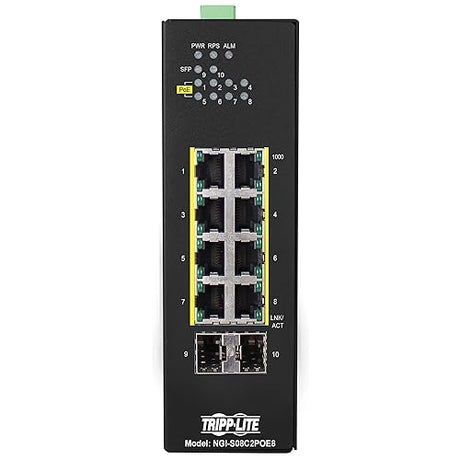 Tripp Lite Industrial 8-Port Lite Managed PoE+ Gigabit Ethernet Switch, 2 Gbe SFP Slots, 10/100/1000 Mbps RJ45 Ports, 30W Power Over Ethernet, -14° to 140°F Temp Range, 3-Year Warranty (NGI-S08C2POE8)