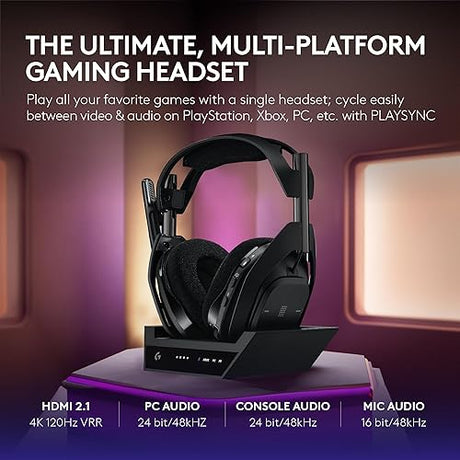Logitech G Astro A50 X Omni-Platform Wireless Gaming Headset + Base Station for PS5, Xbox, PC: PLAYSYNC Video & Audio Switcher, HDMI 2.1 4K 120Hz VRR, <24 bit/48 kHz, 24hr Battery, 2.4GHz & BT - Black Black PLAYSYNC Video & Audio