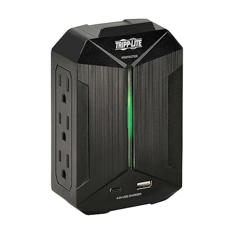 Tripp Lite Surge Protector Power Strip 6-Outlets + 1 USB & 1 USB-C Port, Direct Wall Plug-in, Black, Green LED Light, 490 Joules, EMI/RFI Filtering, 20,000 Insurance (SK62USBC)