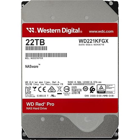 Western Digital 22TB WD Red Pro NAS Internal Hard Drive HDD - 7200 RPM, SATA 6 Gb/s, CMR, 512 MB Cache, 3.5 - WD221KFGX 22TB Red Pro