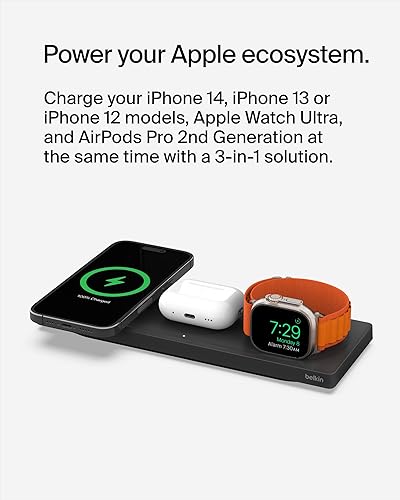 Belkin MagSafe 3-in-1 Wireless Charging Pad - Fast Wireless Charging for Apple Watch, iPhone 14, iPhone 13 & iPhone 12 Series, & AirPods - MagSafe Charging Station for Multiple Devices - Black 3 in 1 Pad Black