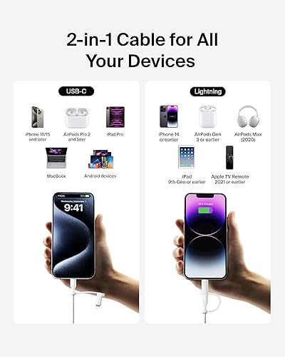 Belkin BoostCharge Braided 2-in-1 USB-C Charging Cable w/USB-C & Lightning Connector (1.5M) Fast & Multi-Charging for iPhone Series, iPad, MacBook, Galaxy Series, Nintendo Switch 2 & More - White
