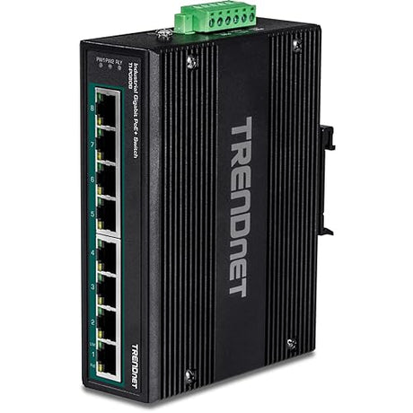TRENDnet 8-Port Hardened Industrial Unmanaged Gigabit 10/100/1000Mbps DIN-Rail Switch w/ 8 x Gigabit PoE+ Ports, TI-PG80B, 24 – 56V DC Power inputs with Overload Protection 8 Port w/ Boost Voltage