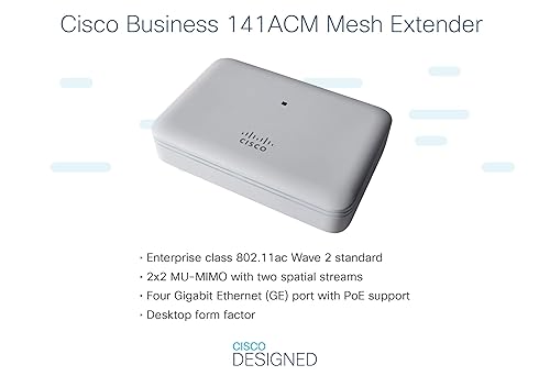 Cisco Business 141ACM 802.11ac 2x2 Wave 2 Mesh Extender 4GbE Ports 1 PoE Port- Desktop, Limited Lifetime Protection (CBW141ACM-B-NA) CBW141ACM / Desktop / 4GE-Port