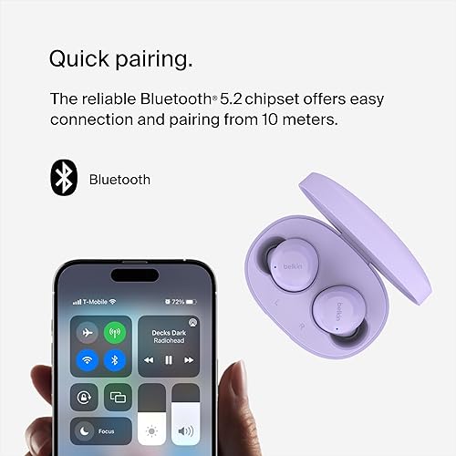 Belkin SoundForm Bolt True Wireless Earbuds, Wireless Charging, IPX4 Sweat and Water-Resistant, USB-C, Up to 28 Hours of Battery Life for Apple iPhone, Samsung Galaxy, Google Pixel, and More- Lavender
