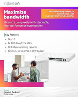 HPE Networking Instant On Switch Series 1960 24-Port Gb Smart-Managed Layer 2+ Ethernet Switch with PoE | 24x 1G | 2X 10GBase-T, 2X SFP+ | 20x CL4, 4X CL6 PoE 370W | Stackable | US Cord (JL807A#ABA)