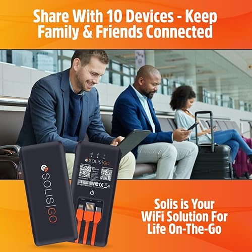 SIMO Solis Go 4G Mobile Hotspot WiFi Power Bank with Built-in Cables for Travel in 140+ Countries, No SIM Card or Contract, Multi-Carrier Network, 20 Devices, 1GB/Month Lifetime + 10GB Global Data