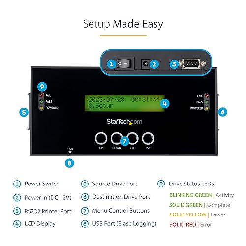 StarTech.com 1:1 Standalone Hard Drive Duplicator and Eraser, SAS and SATA HDD/SSD Cloner/Copier, Hard Drive Duplicator and Sanitizer, LCD Display, TAA Compliant (SATSASDUPE11) SATA/SAS