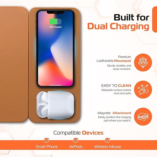 MagPad Magnetic Wireless Charging Mouse Pad, 15W Fast Charging, for Smartphones and Earbuds, Brown