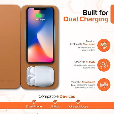 MagPad Magnetic Wireless Charging Mouse Pad, 15W Fast Charging, for Smartphones and Earbuds, Brown