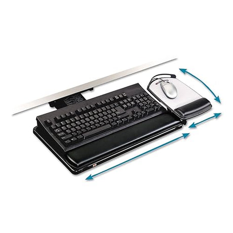 3M Keyboard Tray with Adjustable Keyboard and Mouse Platforms, Turn Knob to Adjust Height and Tilt, Swivels and Stores Under Desk, Gel Wrist Rest and Precise Mouse Pad, 17.75 Track, Black (AKT80LE) Knob Adjust