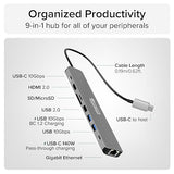 Plugable USB C Hub Multiport Adapter: 9-in-1 with 140W PD Charging, 4K 60Hz HDMI, 10Gbps Data Transfer, Gigabit Ethernet, SD for USBC, USB4, Thunderbolt MacBook, Windows, Chromebook (USBC-9IN1E)