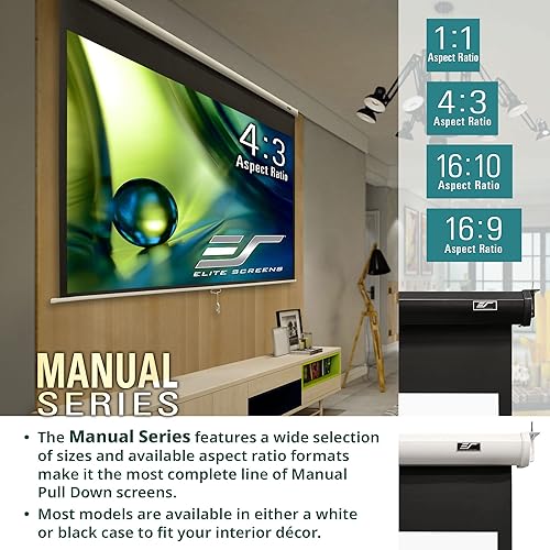 Elitescreens Manual Series, 84-INCH 16:9, Pull Down Manual Projector Screen with AUTO Lock, Movie Home Theater 8K / 4K Ultra HD 3D Ready, 2-Year Warranty, M84UWH, 16:9, Black Black 16:9, 84-inch