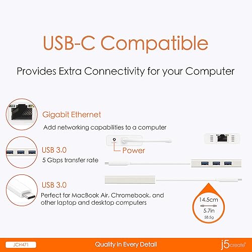 j5create USB Type-C Hub Adapter with Gigabit Ethernet and 3X USB 3.0 Ports