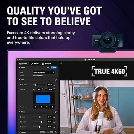 Elgato Facecam 4K - 4K60 Studio Webcam, DSLR-Like Control, Cinematic Effects, 49mm Lens Filters, HDR, Uncompressed Video, Optimized Focus Area | USB-C for PC & Mac