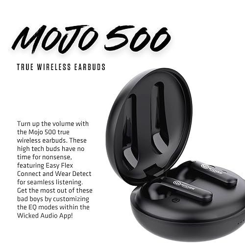 Wicked Audio Mojo 500 True Wireless Bluetooth Earbuds | Clear Call Mics | Long Battery Life | Mobile App | Custom EQ Modes | GPS Find Buds | Transparency Mode | Low Latency | Sweat & Water Resistant