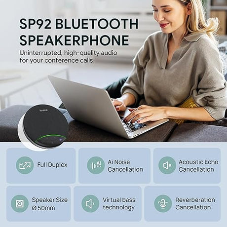 Yealink SP92 Conference Speaker and Microphone with Al Noise Cancellation, 20H Call Time, 13ft Pick-up, 360° Omni Mic 50mm Full-Duplex Speaker, Bluetooth 5.3/USB Speakerphone for Teams Black SP92 USB-C/A