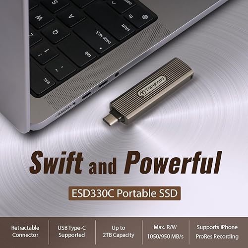 Transcend 2TB ESD330C, External Solild State Drive, Portable SSD, Compatible w/iPhone 4K ProRes, Retractable Connector, Miniature Portable SSD, Up to 1050 MB/s,Type C - TS2TESD330C