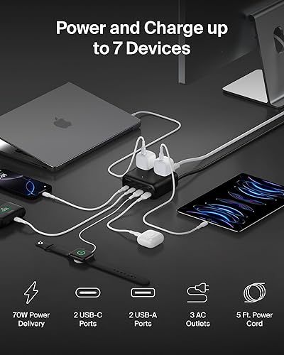 Belkin 3-Outlet GaN Charging Station 70W, Dual USB C Charger w/ 3X AC Outlets, 2X USB A Ports - Power Strip for iPhone, Apple Watch, iPad, MacBook, Chromebook, Samsung Galaxy, Pixel 9, & More - Black 70W, 3 AC Outlet