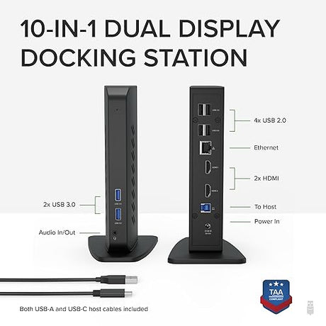 Plugable USB 3.0 and USB-C Universal Laptop Docking Station with 2 HDMI Ports for Windows, Mac (Driver Required), and ChromeOS. Gigabit Ethernet, Audio
